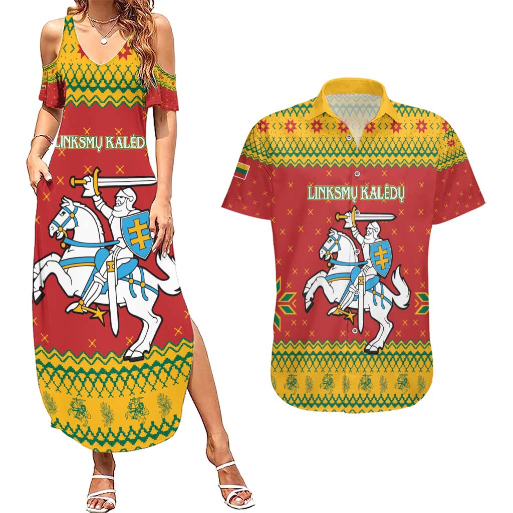 Lithuania Christmas Couples Matching Summer Maxi Dress and Hawaiian Shirt Coat Of Arms Linksmu Kaledu - Wonder Print Shop