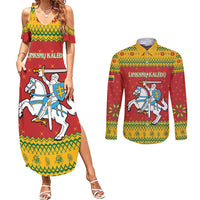 Lithuania Christmas Couples Matching Summer Maxi Dress and Long Sleeve Button Shirt Coat Of Arms Linksmu Kaledu - Wonder Print Shop
