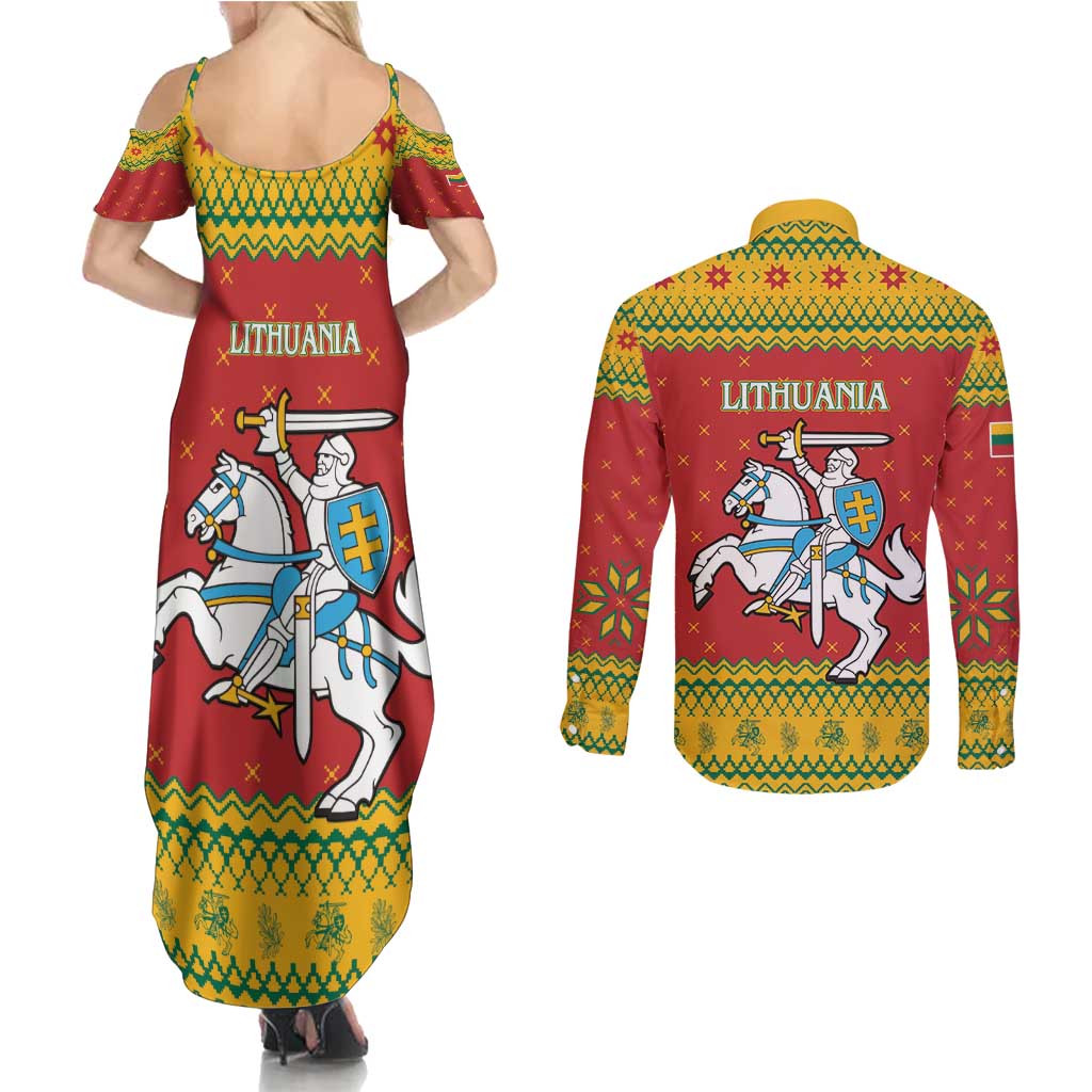 Lithuania Christmas Couples Matching Summer Maxi Dress and Long Sleeve Button Shirt Coat Of Arms Linksmu Kaledu - Wonder Print Shop