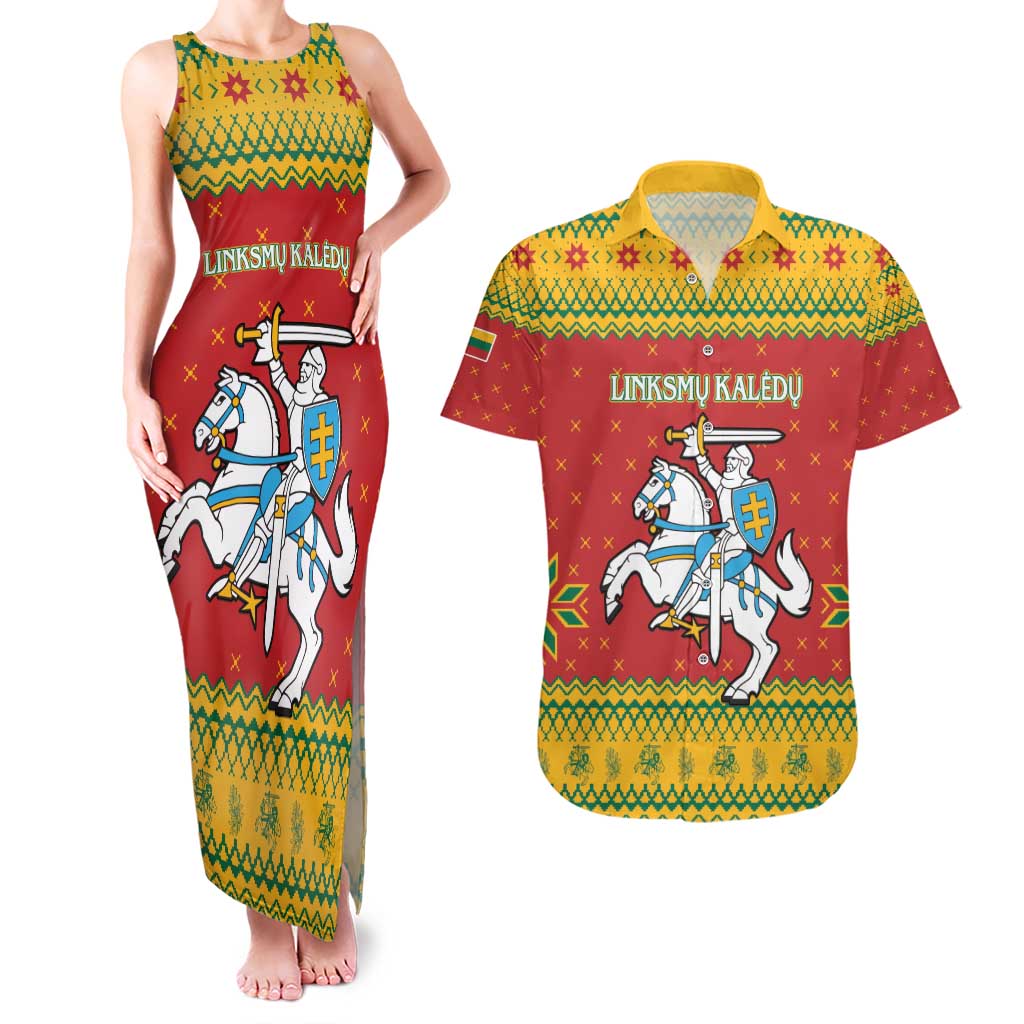 Lithuania Christmas Couples Matching Tank Maxi Dress and Hawaiian Shirt Coat Of Arms Linksmu Kaledu - Wonder Print Shop