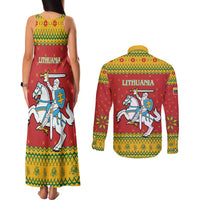Lithuania Christmas Couples Matching Tank Maxi Dress and Long Sleeve Button Shirt Coat Of Arms Linksmu Kaledu - Wonder Print Shop