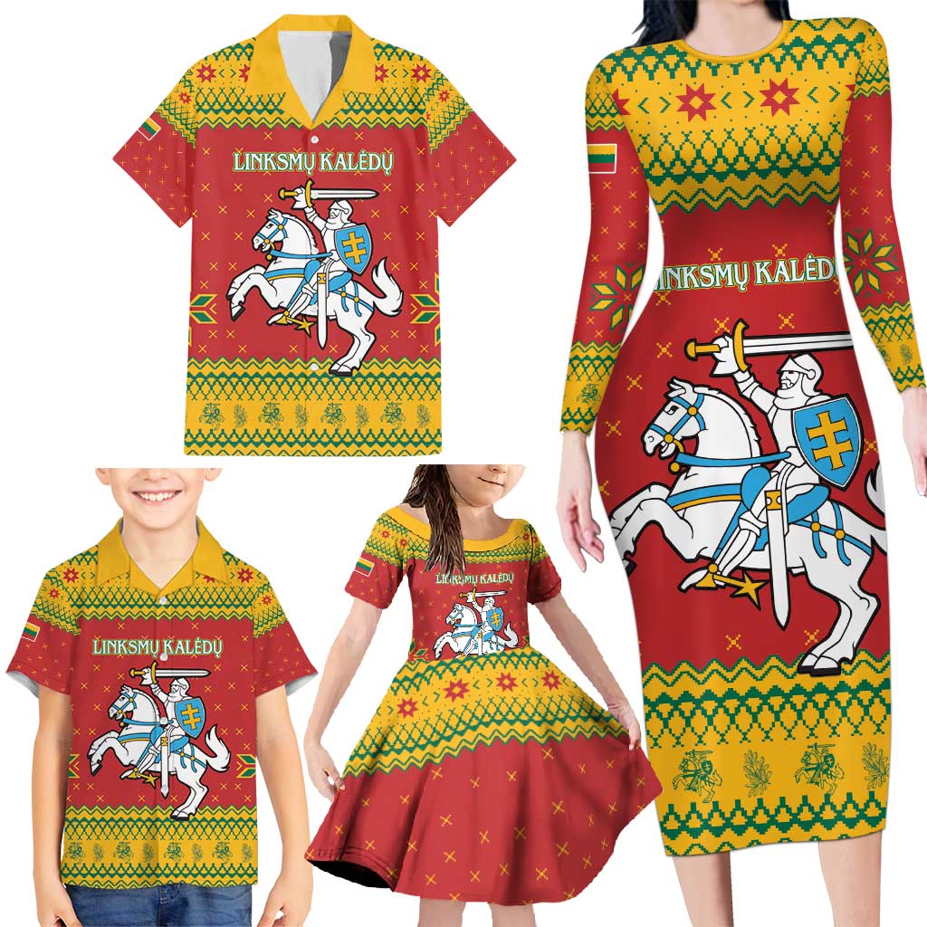 Lithuania Christmas Family Matching Long Sleeve Bodycon Dress and Hawaiian Shirt Coat Of Arms Linksmu Kaledu - Wonder Print Shop