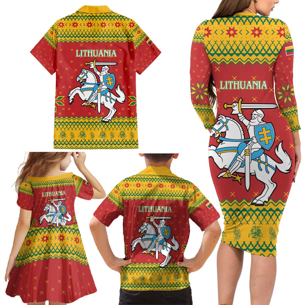 Lithuania Christmas Family Matching Long Sleeve Bodycon Dress and Hawaiian Shirt Coat Of Arms Linksmu Kaledu - Wonder Print Shop