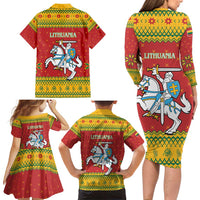 Lithuania Christmas Family Matching Long Sleeve Bodycon Dress and Hawaiian Shirt Coat Of Arms Linksmu Kaledu - Wonder Print Shop