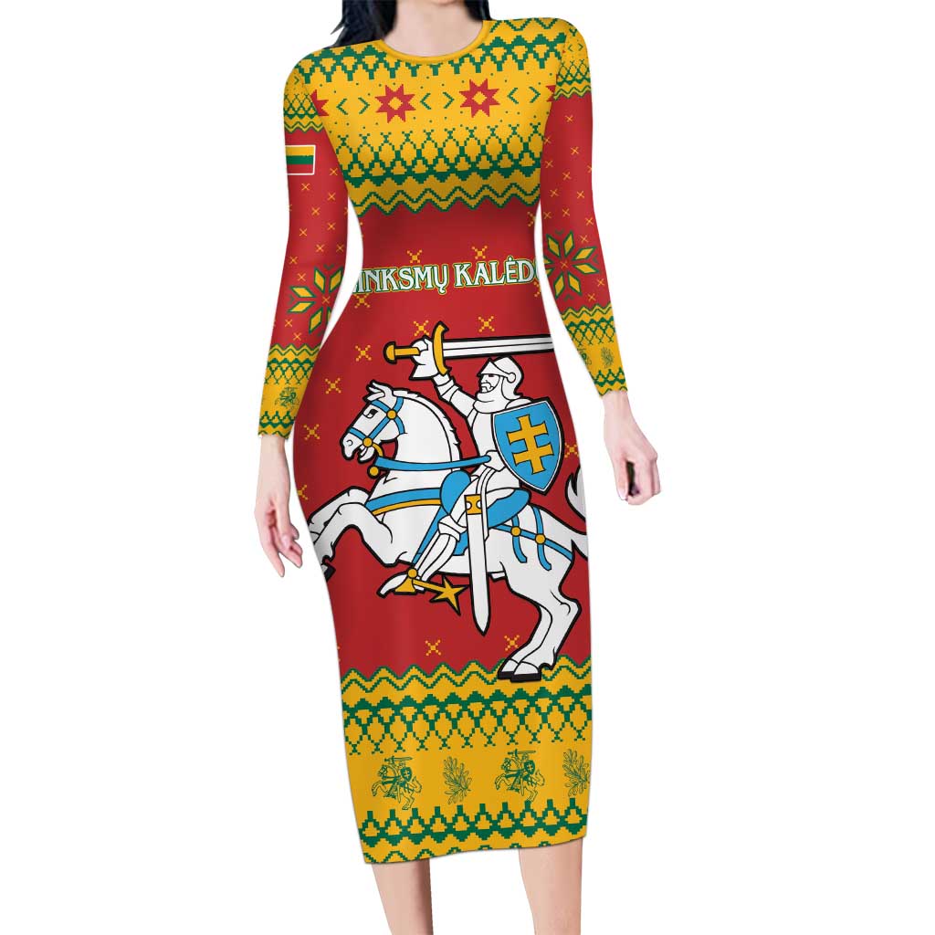 Lithuania Christmas Family Matching Long Sleeve Bodycon Dress and Hawaiian Shirt Coat Of Arms Linksmu Kaledu - Wonder Print Shop