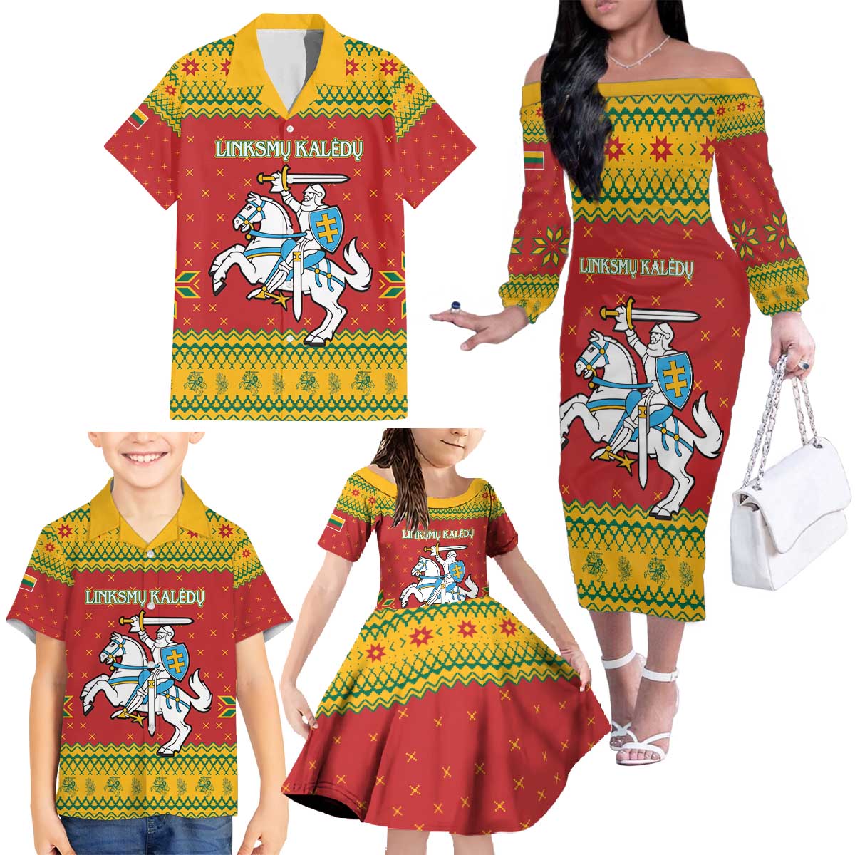 Lithuania Christmas Family Matching Off The Shoulder Long Sleeve Dress and Hawaiian Shirt Coat Of Arms Linksmu Kaledu - Wonder Print Shop