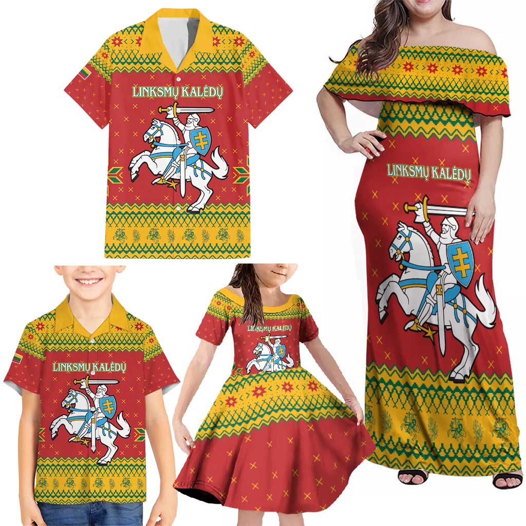 Lithuania Christmas Family Matching Off Shoulder Maxi Dress and Hawaiian Shirt Coat Of Arms Linksmu Kaledu - Wonder Print Shop