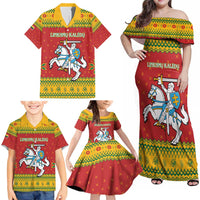 Lithuania Christmas Family Matching Off Shoulder Maxi Dress and Hawaiian Shirt Coat Of Arms Linksmu Kaledu - Wonder Print Shop