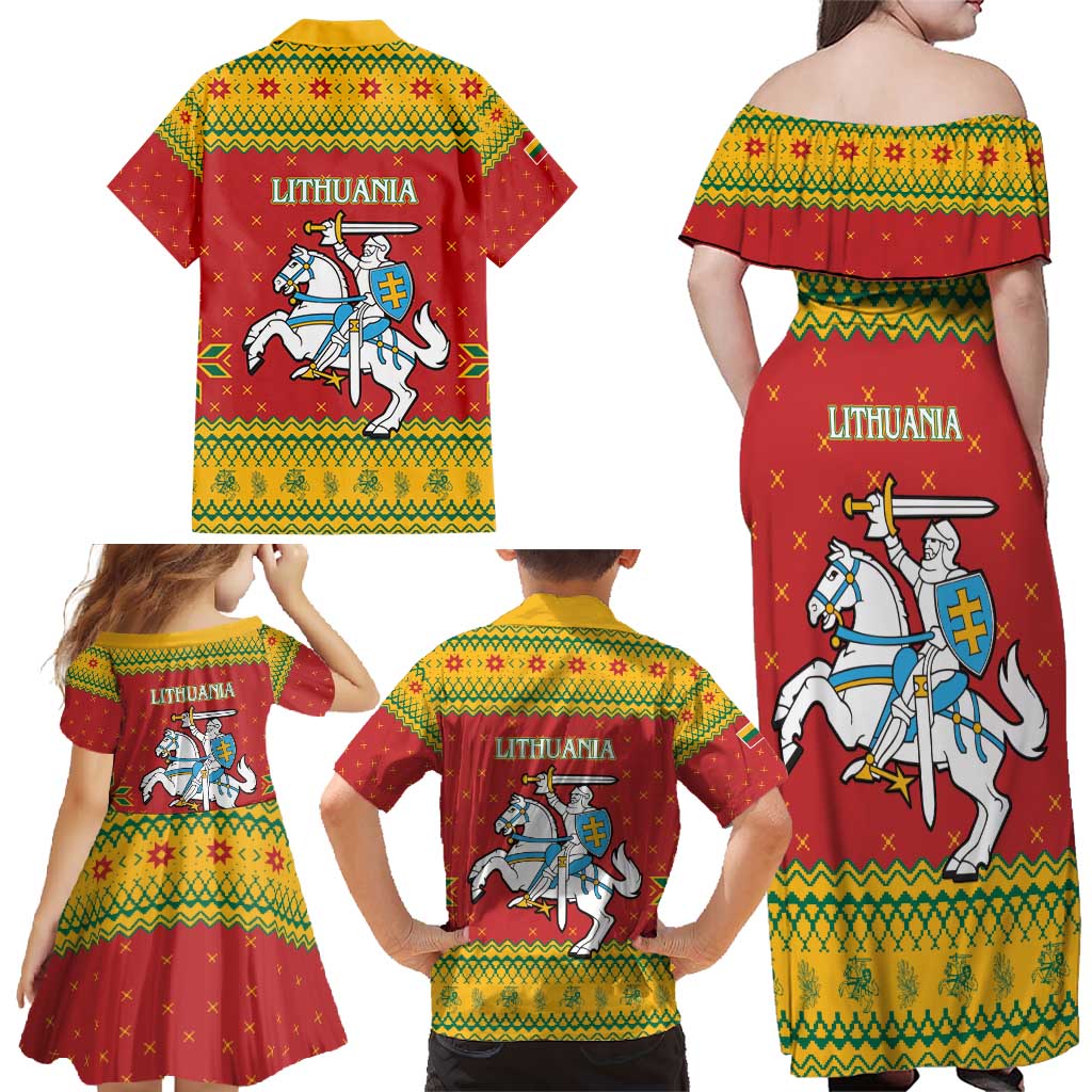Lithuania Christmas Family Matching Off Shoulder Maxi Dress and Hawaiian Shirt Coat Of Arms Linksmu Kaledu - Wonder Print Shop