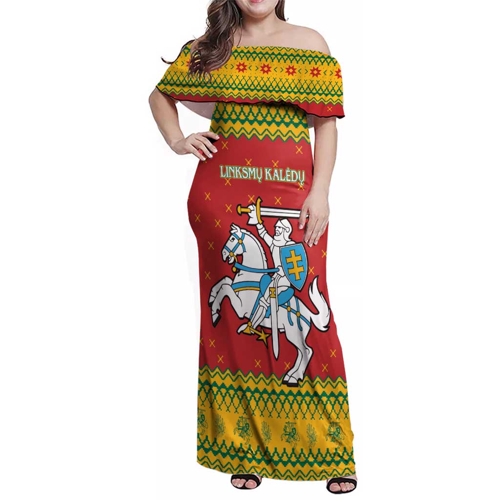 Lithuania Christmas Family Matching Off Shoulder Maxi Dress and Hawaiian Shirt Coat Of Arms Linksmu Kaledu - Wonder Print Shop