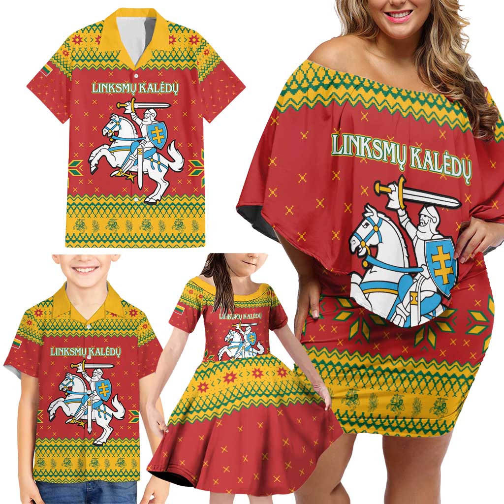 Lithuania Christmas Family Matching Off Shoulder Short Dress and Hawaiian Shirt Coat Of Arms Linksmu Kaledu - Wonder Print Shop
