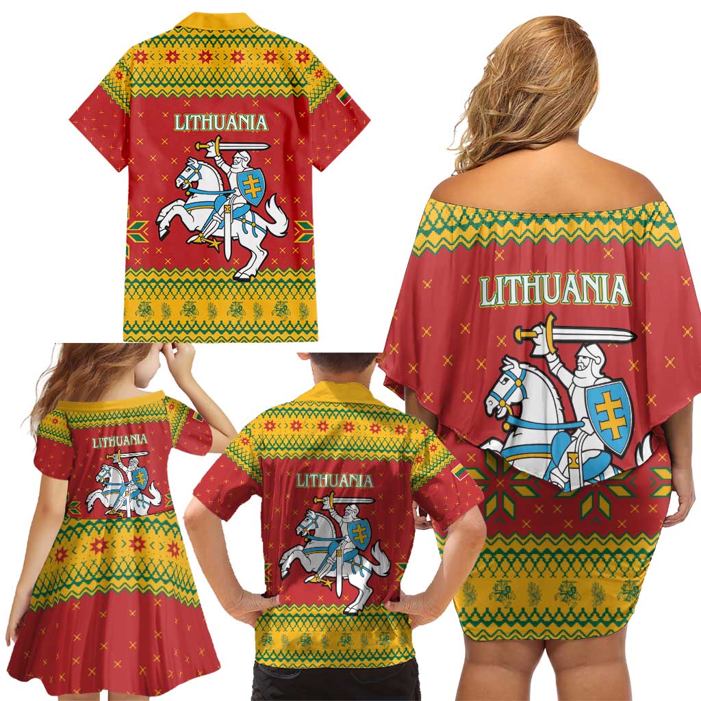 Lithuania Christmas Family Matching Off Shoulder Short Dress and Hawaiian Shirt Coat Of Arms Linksmu Kaledu - Wonder Print Shop