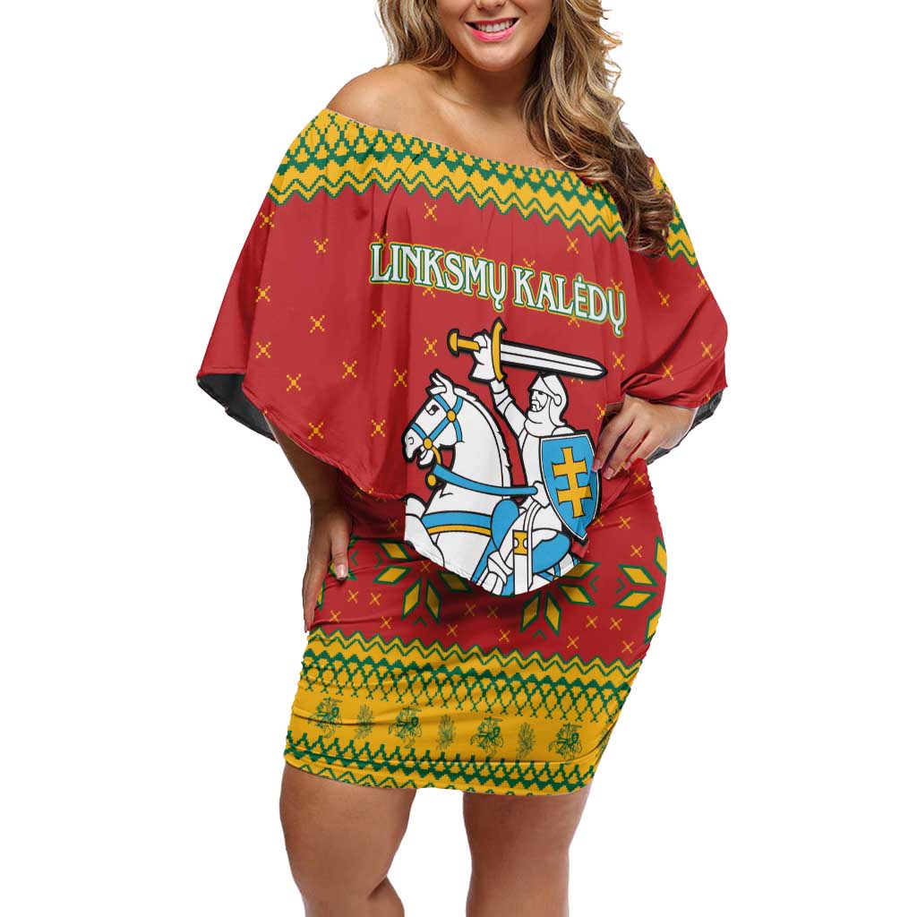 Lithuania Christmas Family Matching Off Shoulder Short Dress and Hawaiian Shirt Coat Of Arms Linksmu Kaledu - Wonder Print Shop