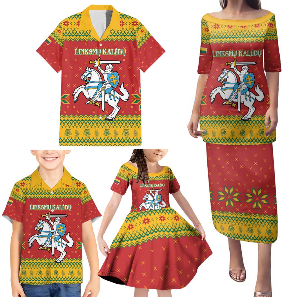Lithuania Christmas Family Matching Puletasi and Hawaiian Shirt Coat Of Arms Linksmu Kaledu - Wonder Print Shop