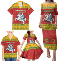 Lithuania Christmas Family Matching Puletasi and Hawaiian Shirt Coat Of Arms Linksmu Kaledu - Wonder Print Shop