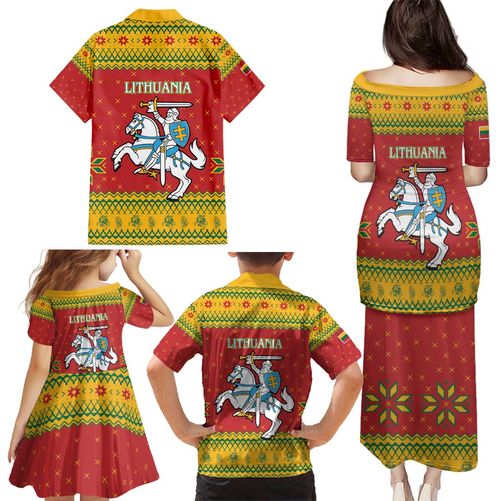 Lithuania Christmas Family Matching Puletasi and Hawaiian Shirt Coat Of Arms Linksmu Kaledu - Wonder Print Shop