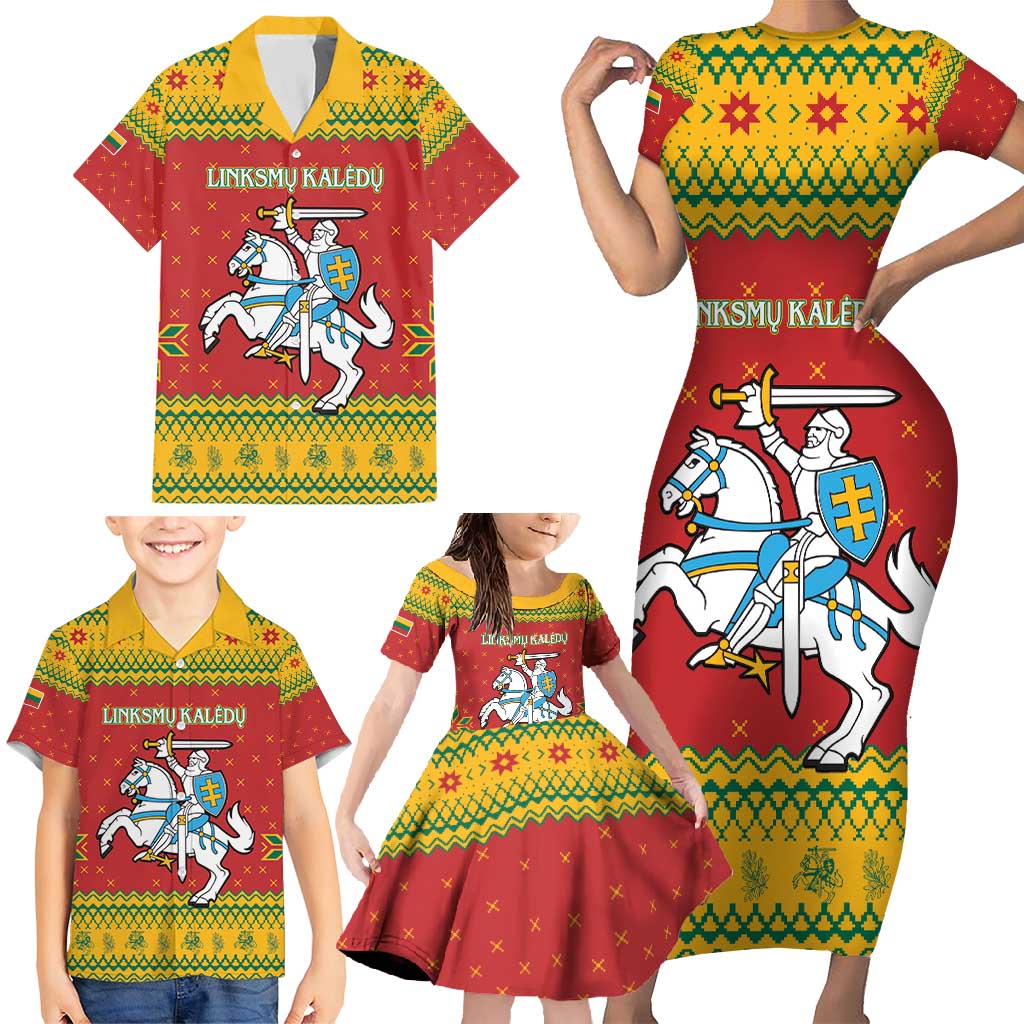 Lithuania Christmas Family Matching Short Sleeve Bodycon Dress and Hawaiian Shirt Coat Of Arms Linksmu Kaledu - Wonder Print Shop