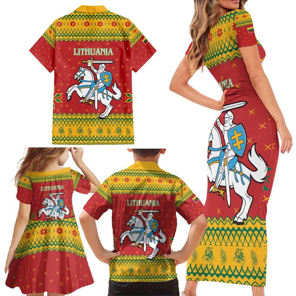 Lithuania Christmas Family Matching Short Sleeve Bodycon Dress and Hawaiian Shirt Coat Of Arms Linksmu Kaledu - Wonder Print Shop
