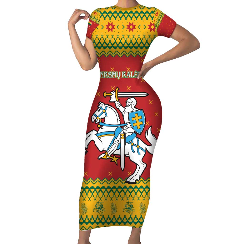 Lithuania Christmas Family Matching Short Sleeve Bodycon Dress and Hawaiian Shirt Coat Of Arms Linksmu Kaledu - Wonder Print Shop