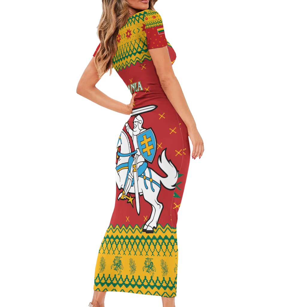 Lithuania Christmas Family Matching Short Sleeve Bodycon Dress and Hawaiian Shirt Coat Of Arms Linksmu Kaledu - Wonder Print Shop