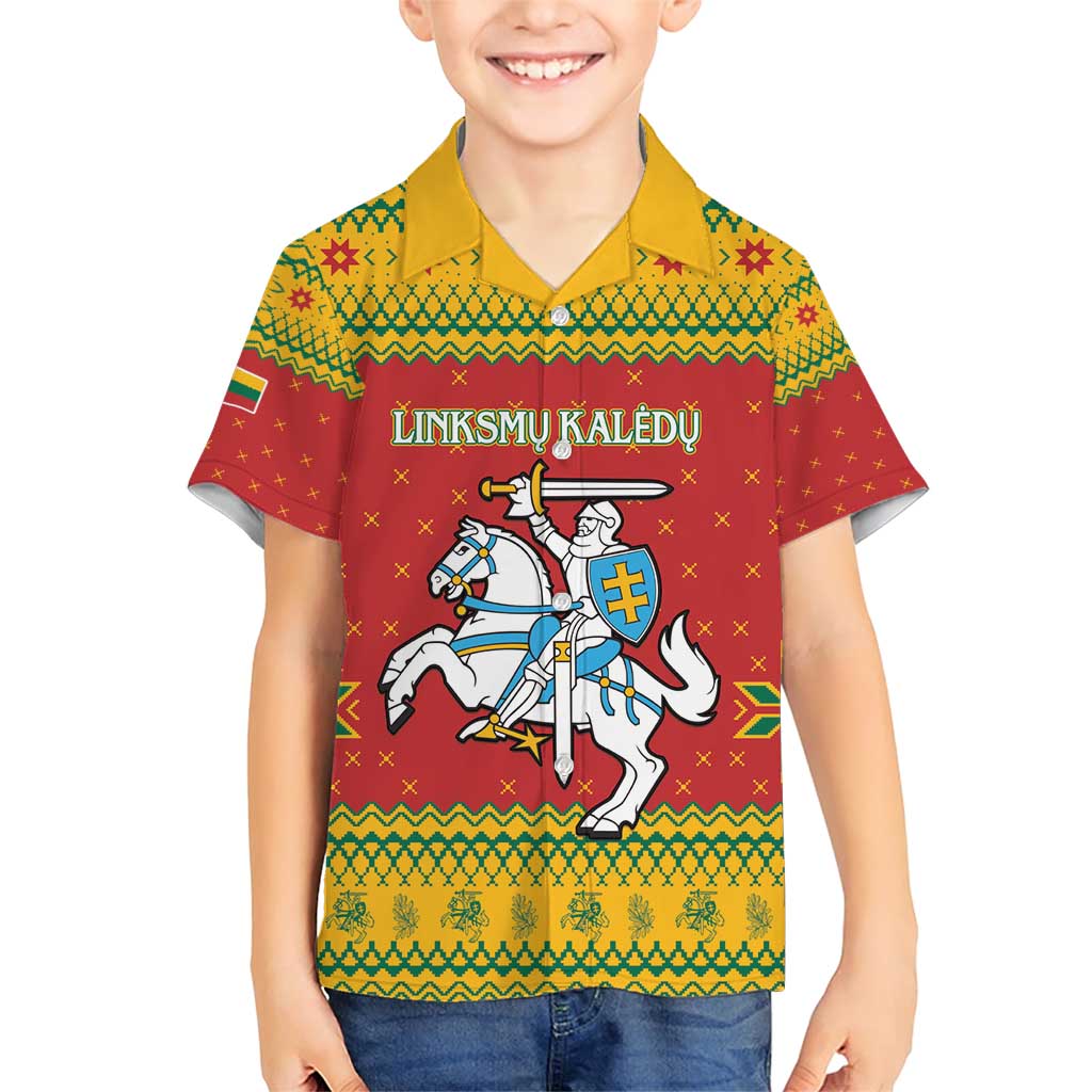 Lithuania Christmas Family Matching Short Sleeve Bodycon Dress and Hawaiian Shirt Coat Of Arms Linksmu Kaledu - Wonder Print Shop