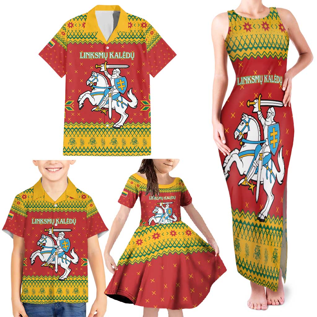 Lithuania Christmas Family Matching Tank Maxi Dress and Hawaiian Shirt Coat Of Arms Linksmu Kaledu - Wonder Print Shop