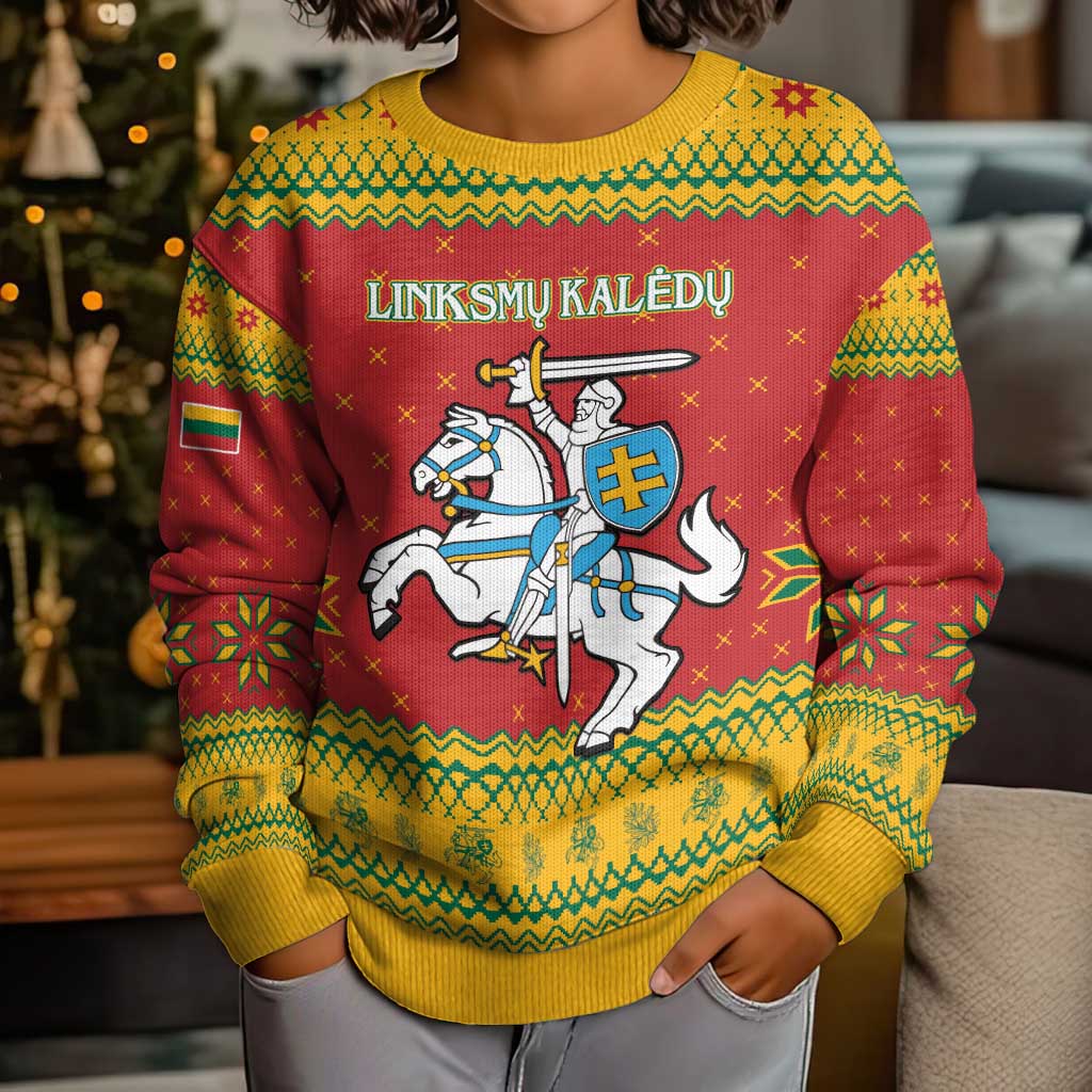 Lithuania Christmas Kid Ugly Christmas Sweater Coat Of Arms Linksmu Kaledu - Wonder Print Shop