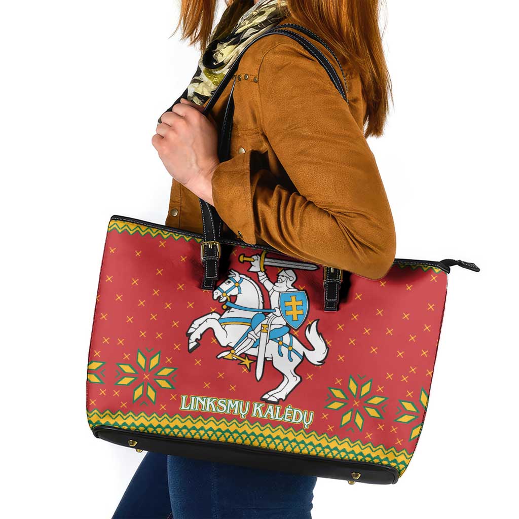 Lithuania Christmas Leather Tote Bag Coat Of Arms Linksmu Kaledu - Wonder Print Shop
