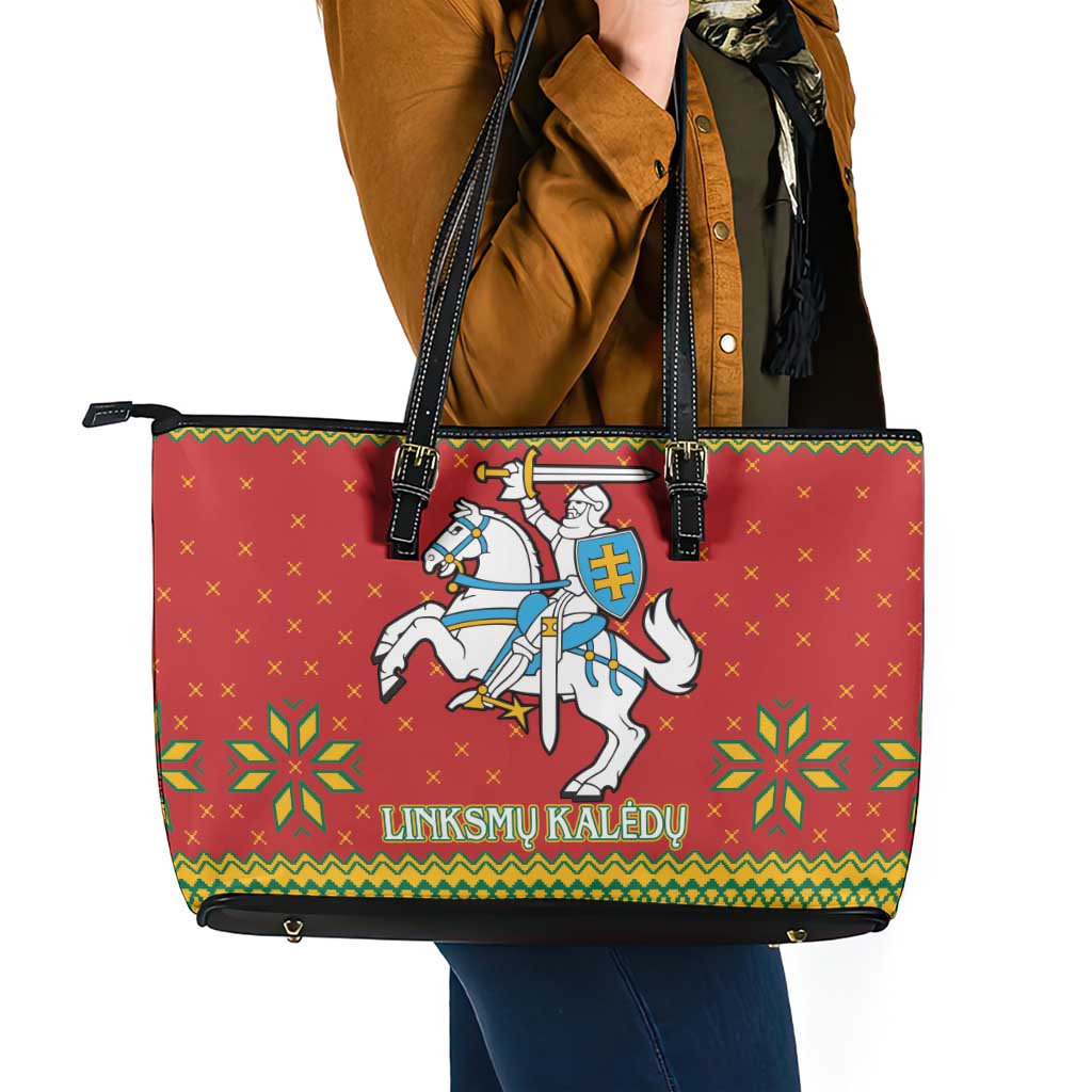 Lithuania Christmas Leather Tote Bag Coat Of Arms Linksmu Kaledu - Wonder Print Shop