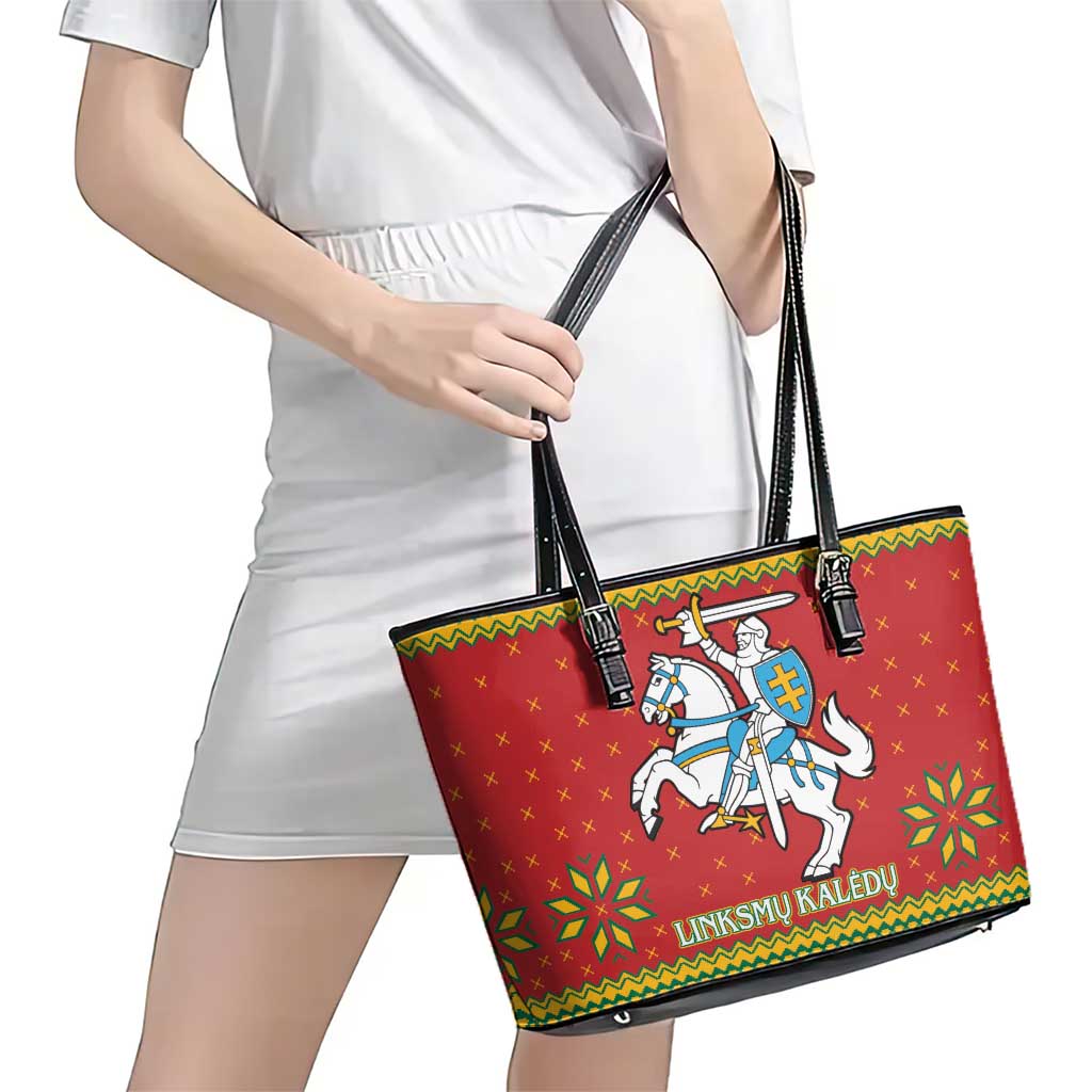 Lithuania Christmas Leather Tote Bag Coat Of Arms Linksmu Kaledu - Wonder Print Shop