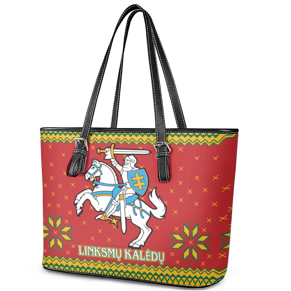 Lithuania Christmas Leather Tote Bag Coat Of Arms Linksmu Kaledu - Wonder Print Shop