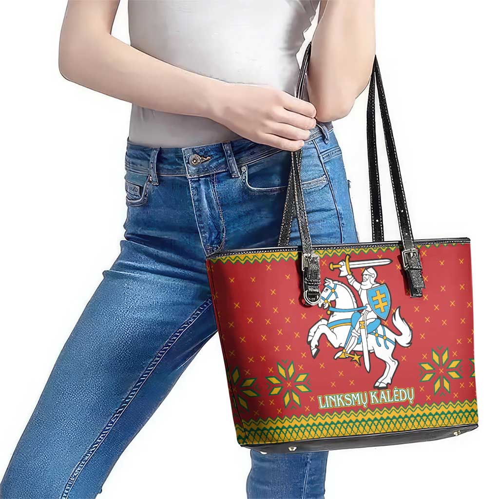 Lithuania Christmas Leather Tote Bag Coat Of Arms Linksmu Kaledu - Wonder Print Shop