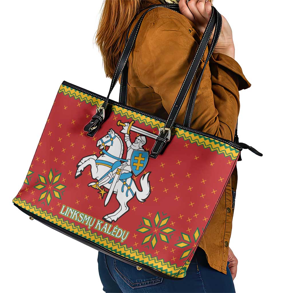 Lithuania Christmas Leather Tote Bag Coat Of Arms Linksmu Kaledu - Wonder Print Shop