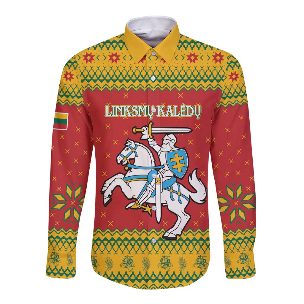 Lithuania Christmas Long Sleeve Button Shirt Coat Of Arms Linksmu Kaledu - Wonder Print Shop