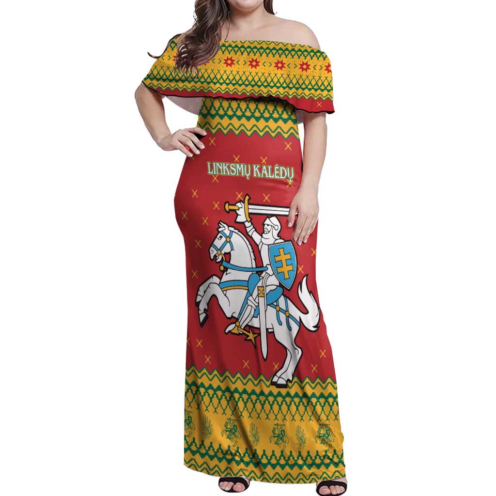 Lithuania Christmas Off Shoulder Maxi Dress Coat Of Arms Linksmu Kaledu - Wonder Print Shop