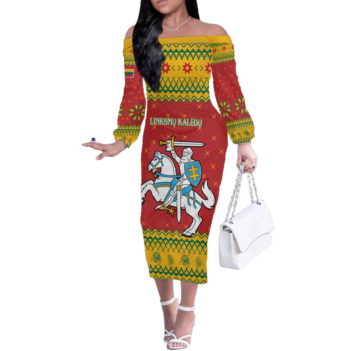 Lithuania Christmas Off The Shoulder Long Sleeve Dress Coat Of Arms Linksmu Kaledu - Wonder Print Shop