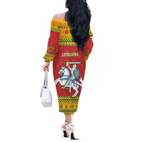 Lithuania Christmas Off The Shoulder Long Sleeve Dress Coat Of Arms Linksmu Kaledu - Wonder Print Shop