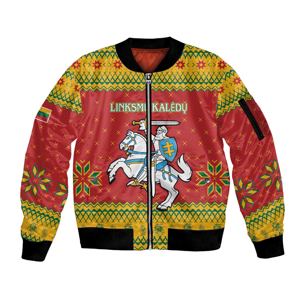 Lithuania Christmas Sleeve Zip Bomber Jacket Coat Of Arms Linksmu Kaledu - Wonder Print Shop