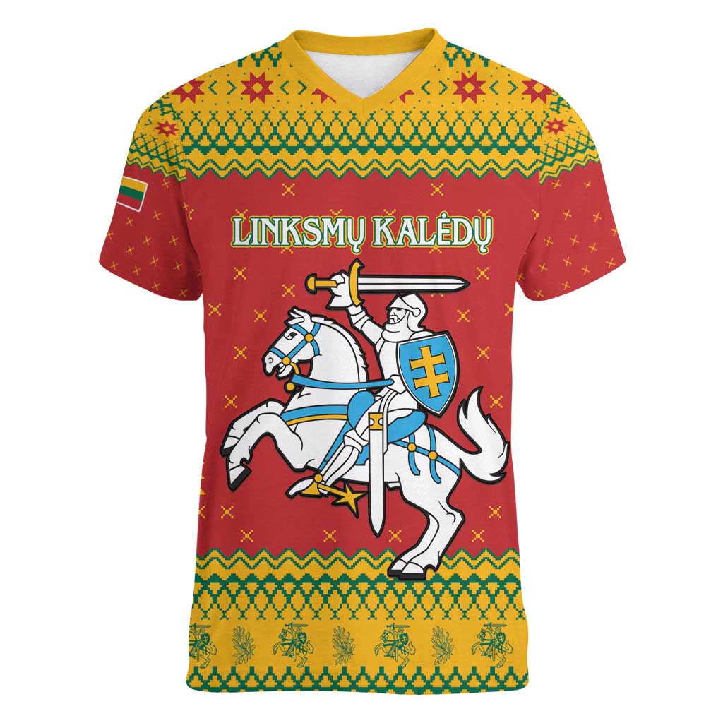Lithuania Christmas Women V-Neck T-Shirt Coat Of Arms Linksmu Kaledu - Wonder Print Shop