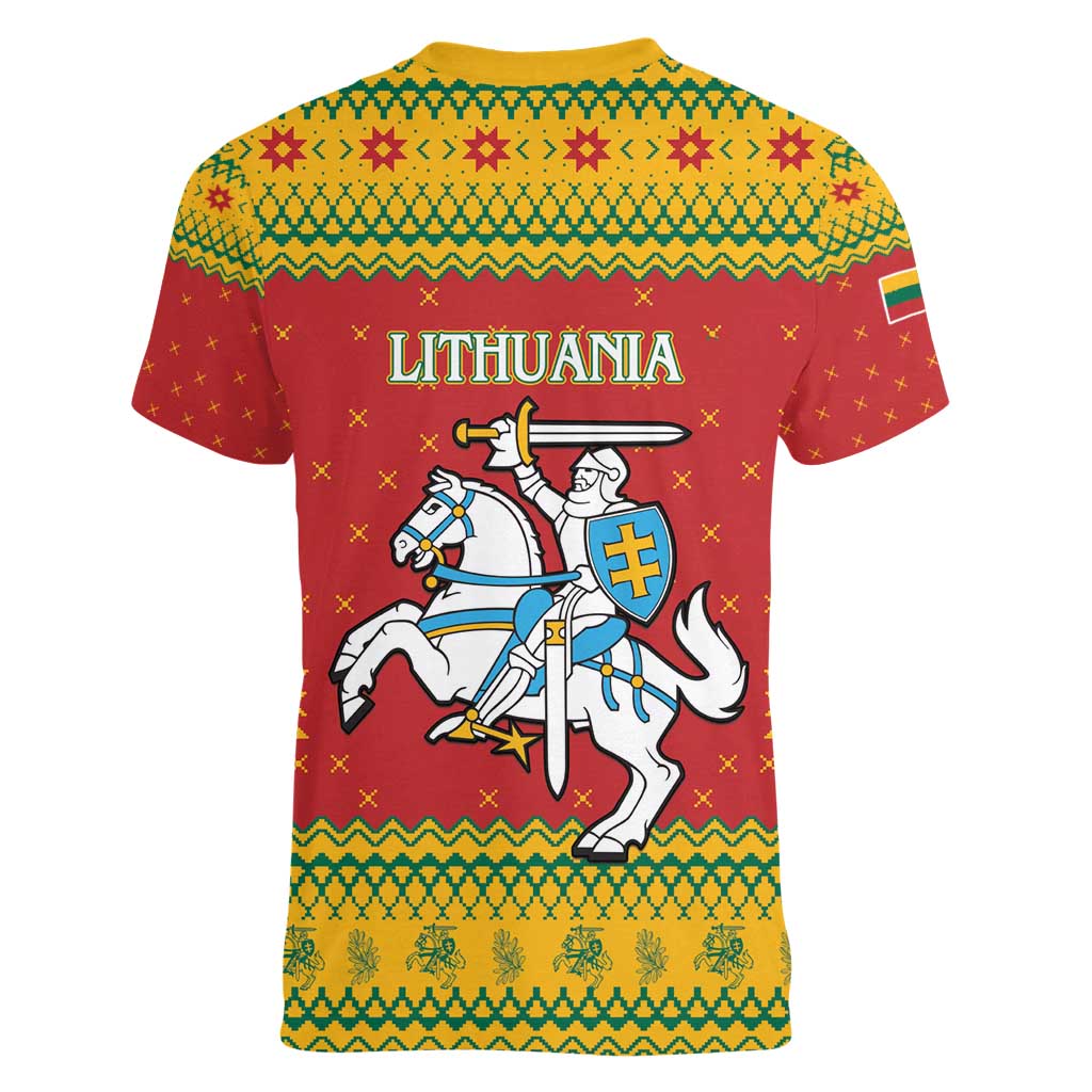 Lithuania Christmas Women V-Neck T-Shirt Coat Of Arms Linksmu Kaledu - Wonder Print Shop