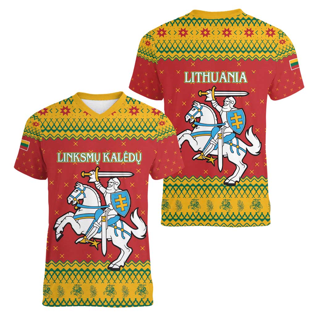 Lithuania Christmas Women V-Neck T-Shirt Coat Of Arms Linksmu Kaledu - Wonder Print Shop