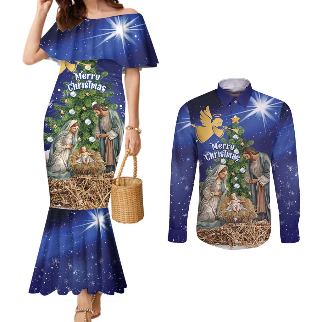 Lithuania Christmas Couples Matching Mermaid Dress and Long Sleeve Button Shirt Chistmas Begin With Christ