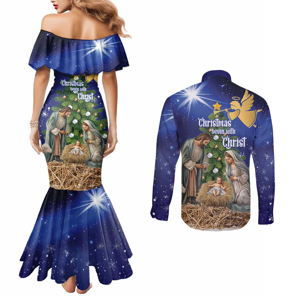 Lithuania Christmas Couples Matching Mermaid Dress and Long Sleeve Button Shirt Chistmas Begin With Christ