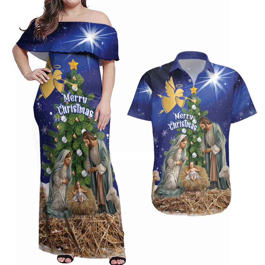 Lithuania Christmas Couples Matching Off Shoulder Maxi Dress and Hawaiian Shirt Chistmas Begin With Christ - Wonder Print Shop