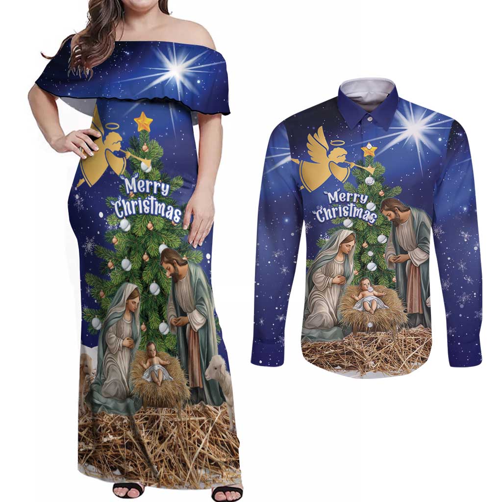 Lithuania Christmas Couples Matching Off Shoulder Maxi Dress and Long Sleeve Button Shirt Chistmas Begin With Christ - Wonder Print Shop
