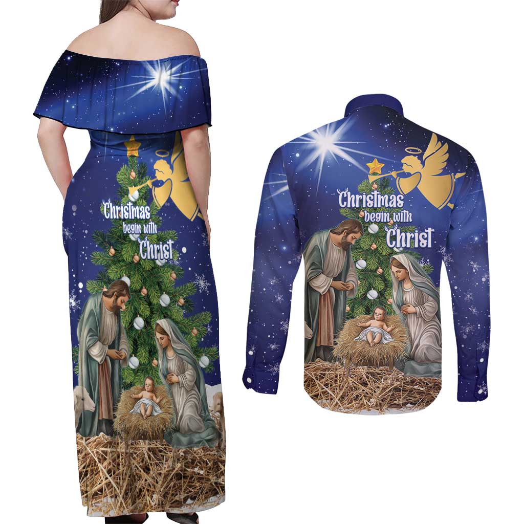 Lithuania Christmas Couples Matching Off Shoulder Maxi Dress and Long Sleeve Button Shirt Chistmas Begin With Christ - Wonder Print Shop