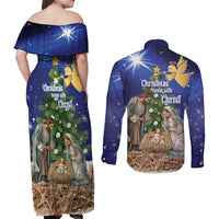 Lithuania Christmas Couples Matching Off Shoulder Maxi Dress and Long Sleeve Button Shirt Chistmas Begin With Christ - Wonder Print Shop