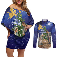 Lithuania Christmas Couples Matching Off Shoulder Short Dress and Long Sleeve Button Shirt Chistmas Begin With Christ - Wonder Print Shop