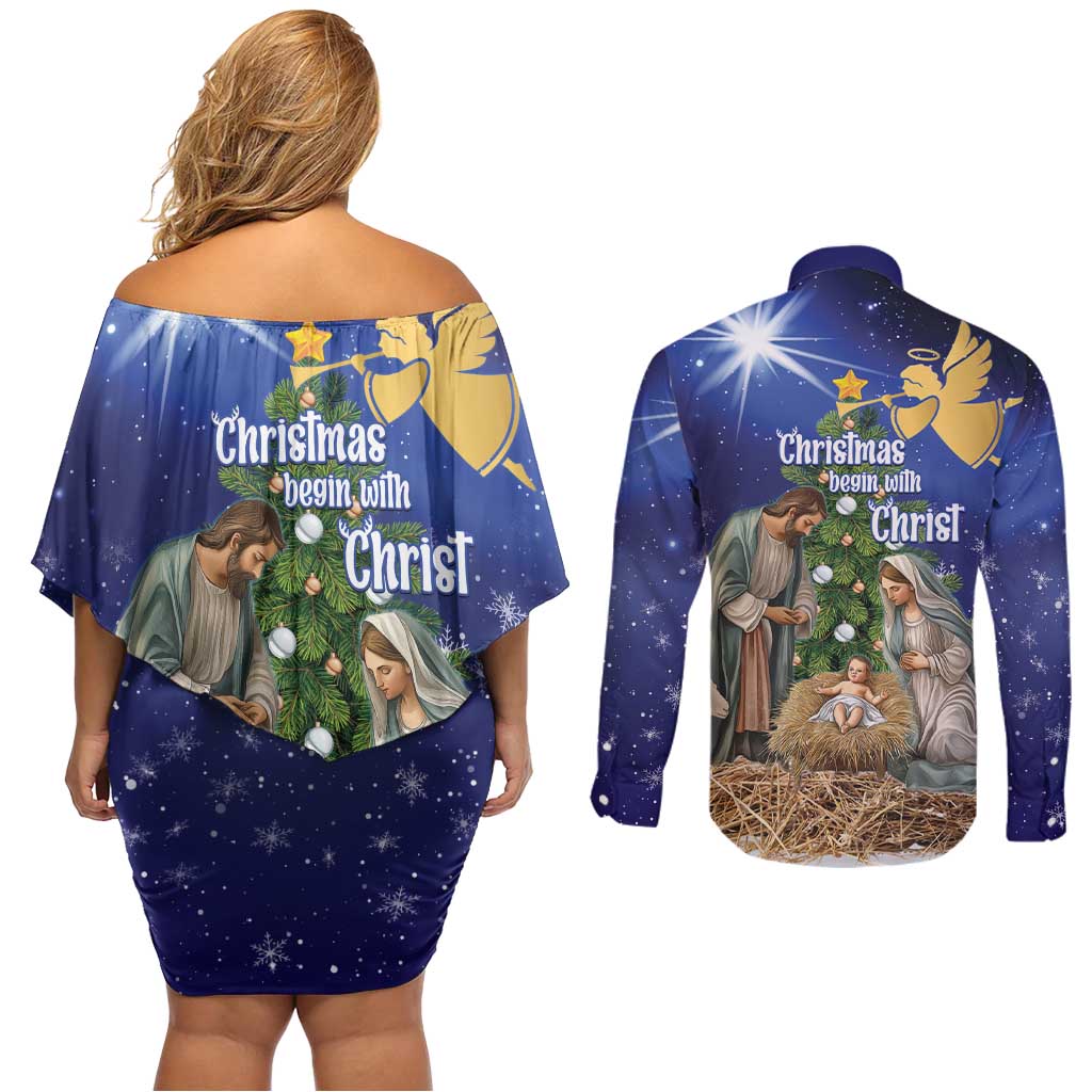Lithuania Christmas Couples Matching Off Shoulder Short Dress and Long Sleeve Button Shirt Chistmas Begin With Christ - Wonder Print Shop
