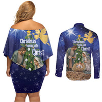Lithuania Christmas Couples Matching Off Shoulder Short Dress and Long Sleeve Button Shirt Chistmas Begin With Christ - Wonder Print Shop